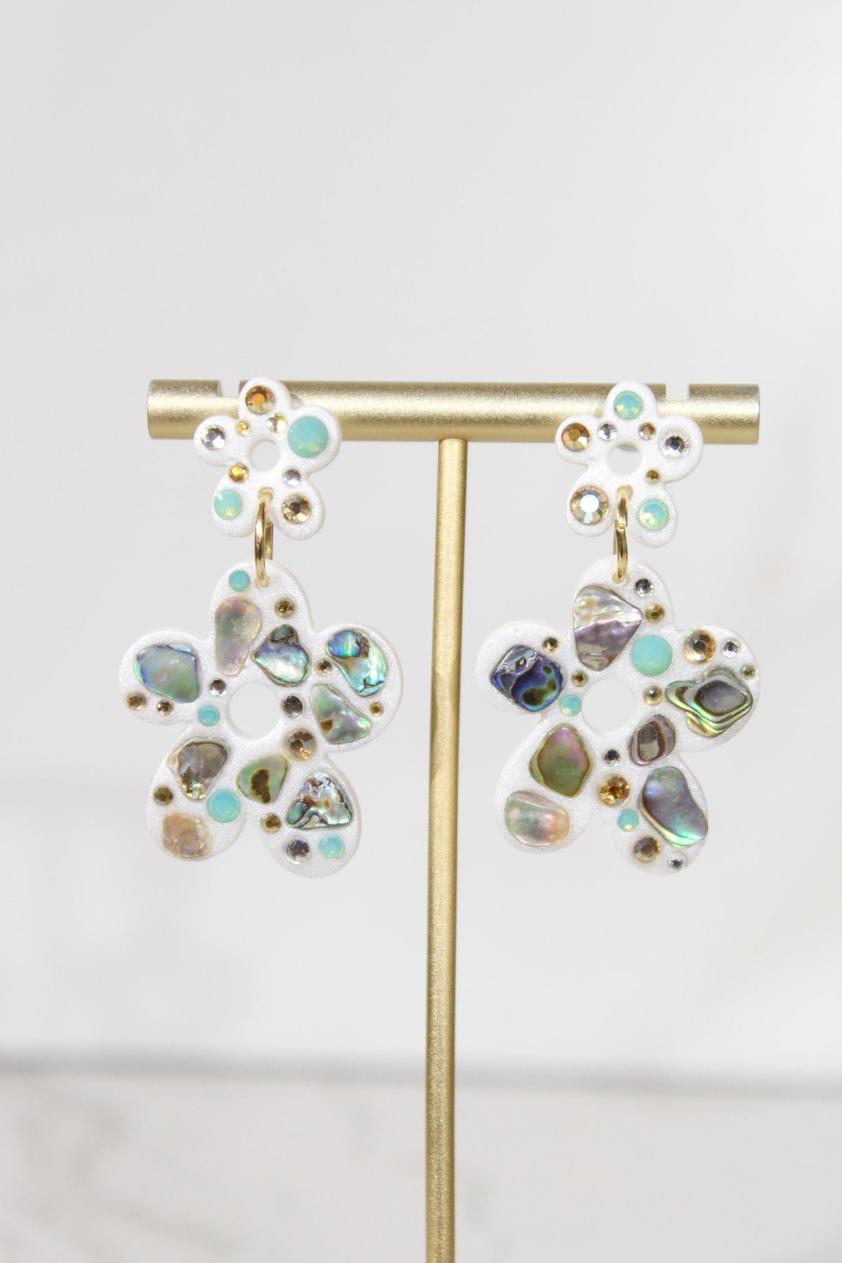 Abalone Shell Flower Earrings, Rhinestone Floral Dangles, Iridescent Statement Jewelry