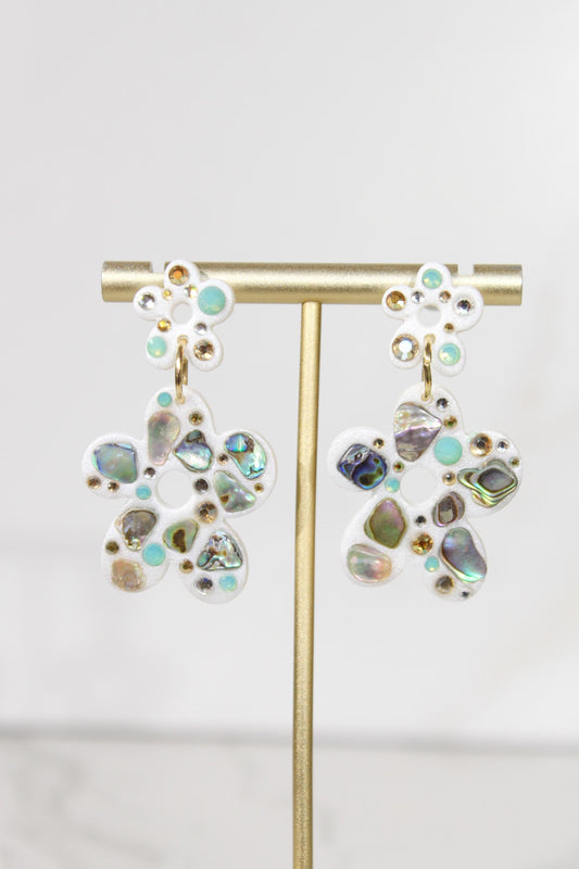 Abalone Shell Flower Earrings, Rhinestone Floral Dangles, Iridescent Statement Jewelry