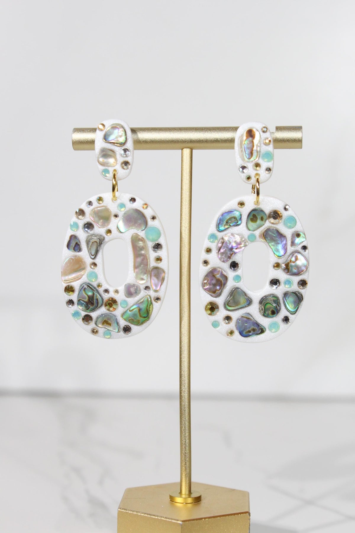 Abalone Shell Statement Earrings, Iridescent Rhinestone Dangles, Pearl White Handmade Jewelry