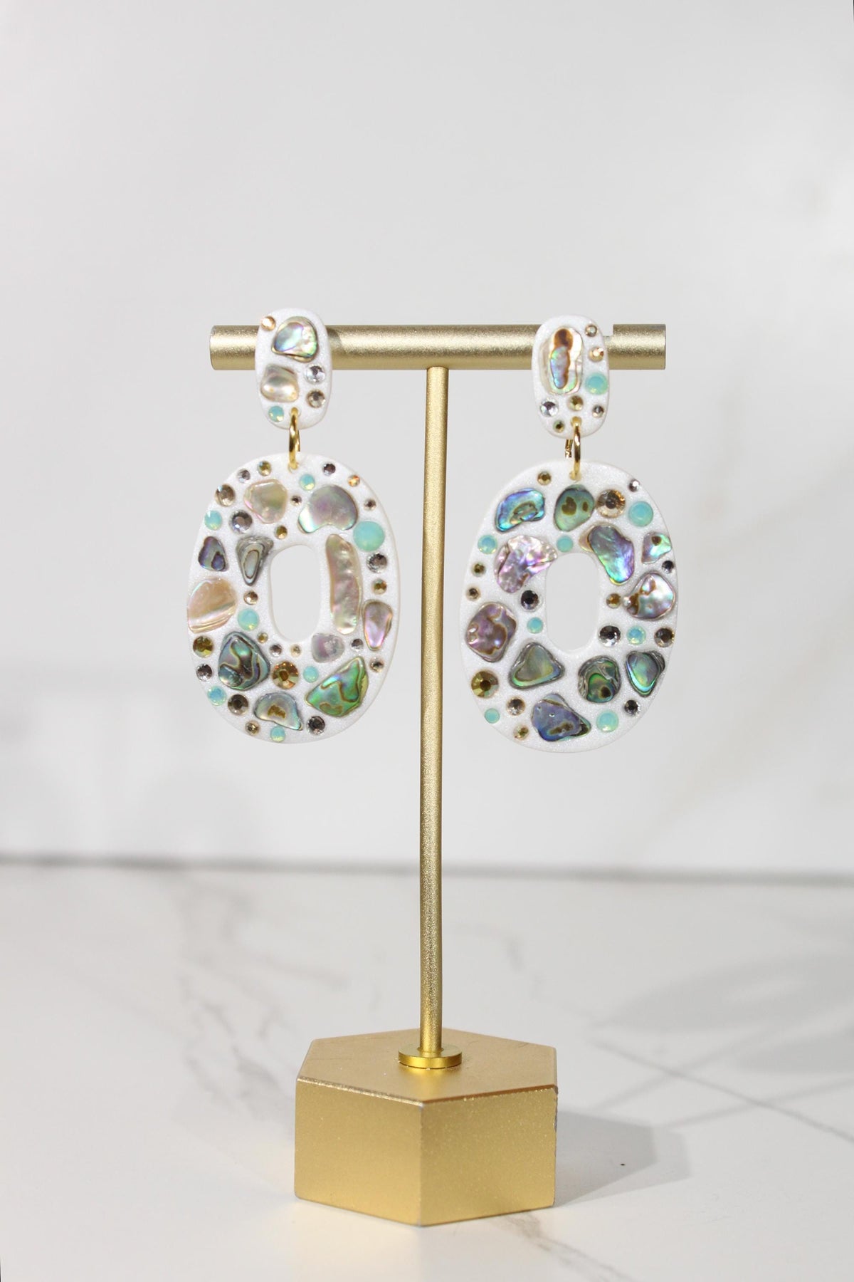 Abalone Shell Statement Earrings, Iridescent Rhinestone Dangles, Pearl White Handmade Jewelry