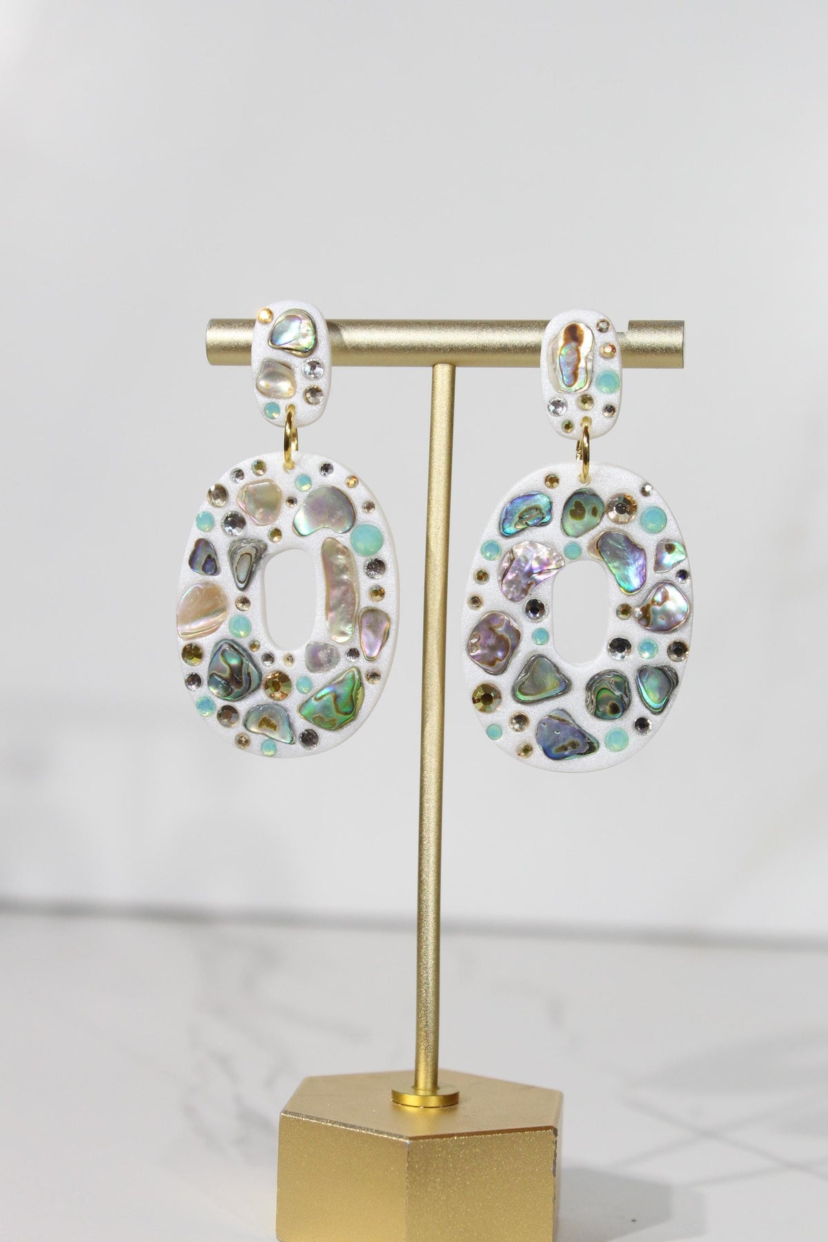 Abalone Shell Statement Earrings, Iridescent Rhinestone Dangles, Pearl White Handmade Jewelry