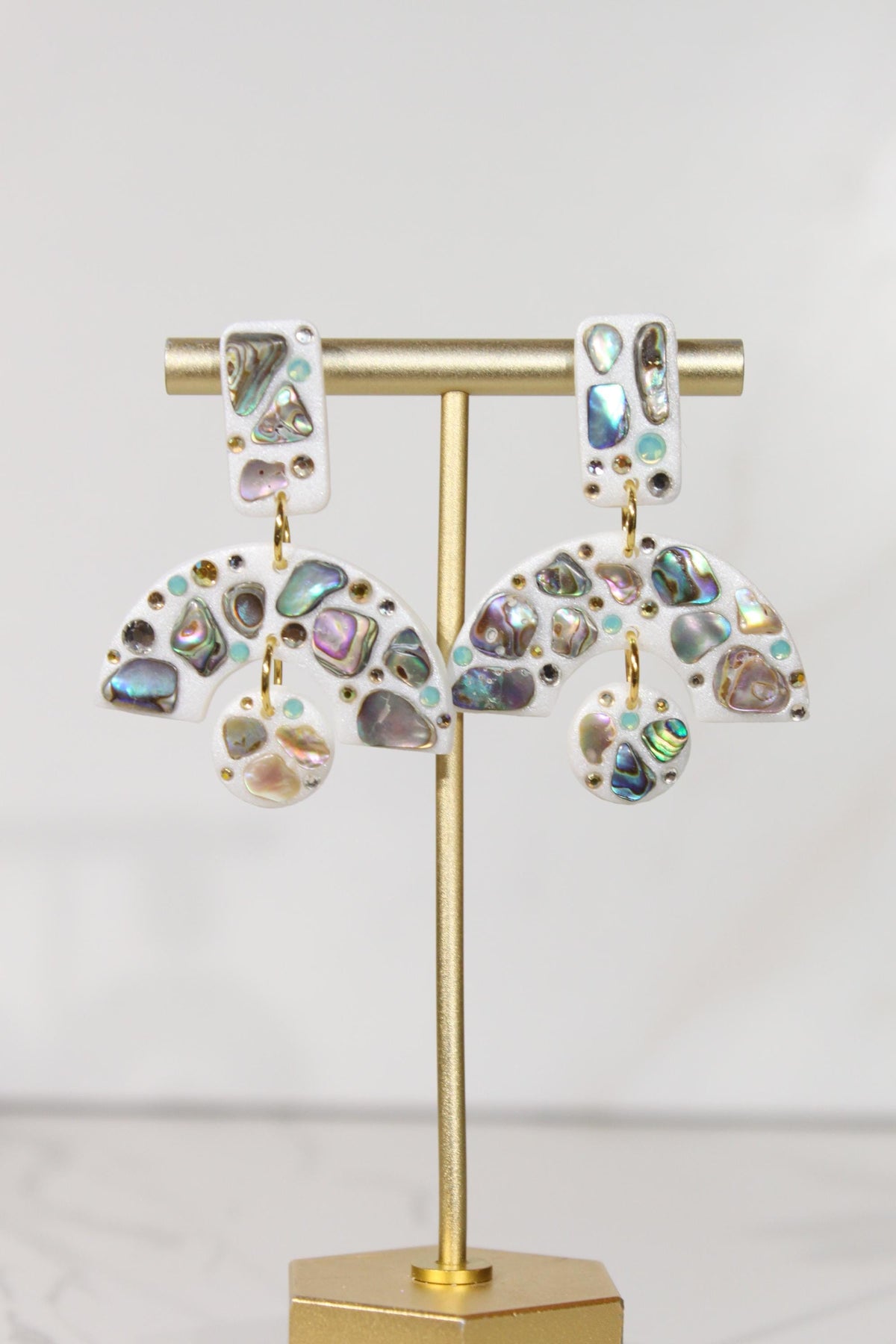 Abalone Shell Statement Earrings, Iridescent Rhinestone Dangles, Abstract Handmade Jewelry