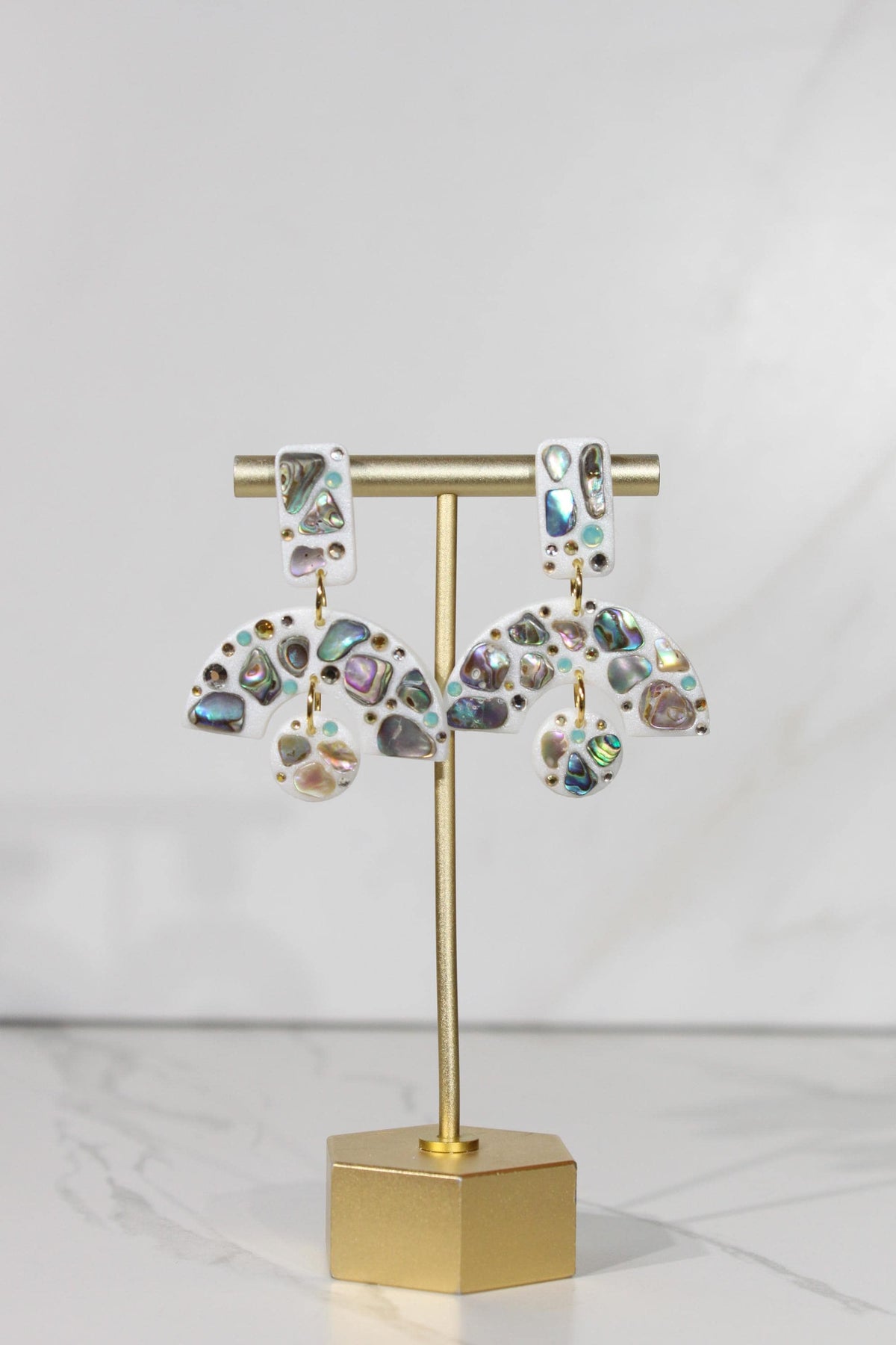 Abalone Shell Statement Earrings, Iridescent Rhinestone Dangles, Abstract Handmade Jewelry