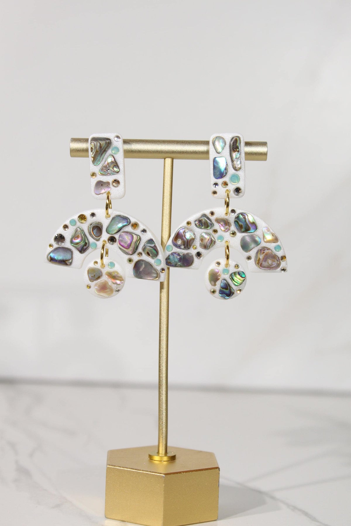 Abalone Shell Statement Earrings, Iridescent Rhinestone Dangles, Abstract Handmade Jewelry