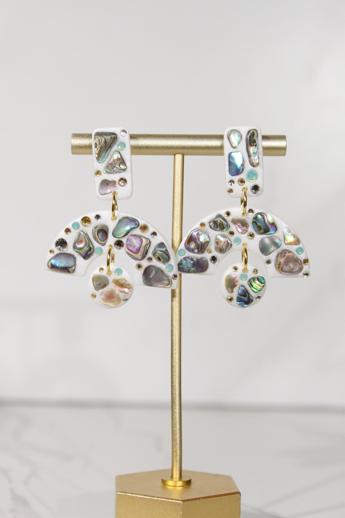 Abalone Shell Statement Earrings, Iridescent Rhinestone Dangles, Abstract Handmade Jewelry