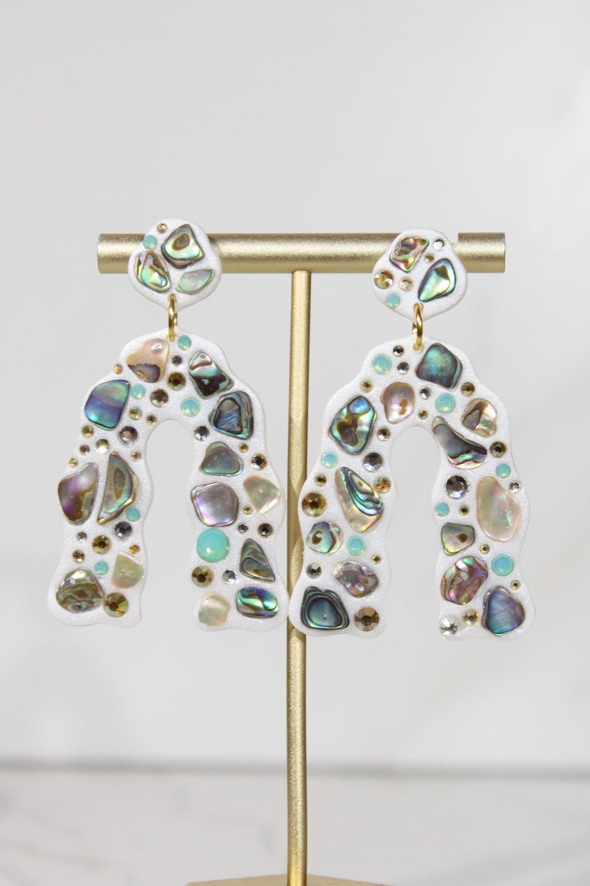 Abalone Shell Statement Earrings, Iridescent Rhinestone Arch Dangles, Colorful Handmade Jewelry