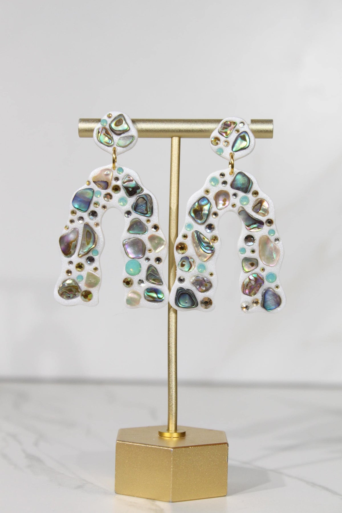 Abalone Shell Statement Earrings, Iridescent Rhinestone Arch Dangles, Colorful Handmade Jewelry