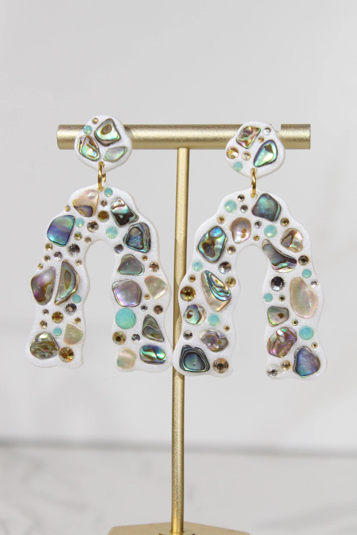 Abalone Shell Statement Earrings, Iridescent Rhinestone Arch Dangles, Colorful Handmade Jewelry
