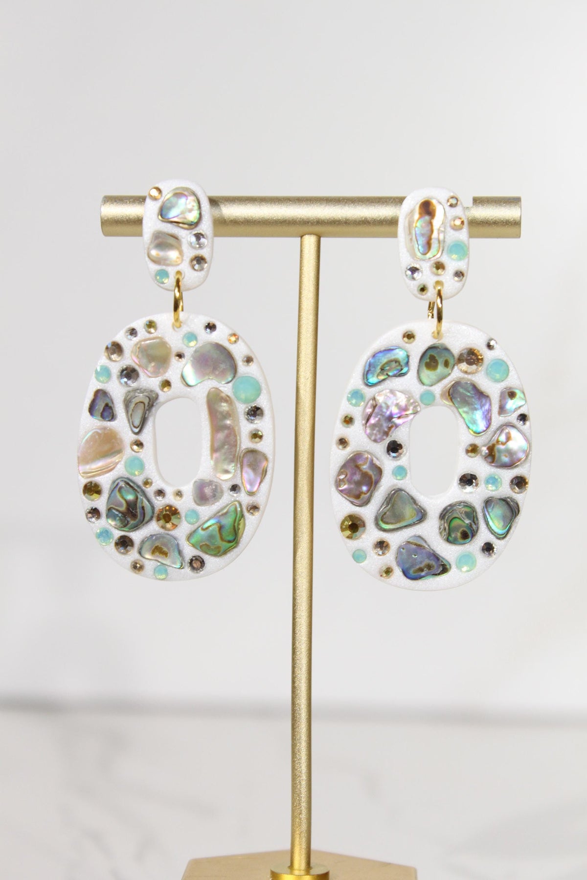 Abalone Shell Statement Earrings, Iridescent Rhinestone Dangles, Pearl White Handmade Jewelry
