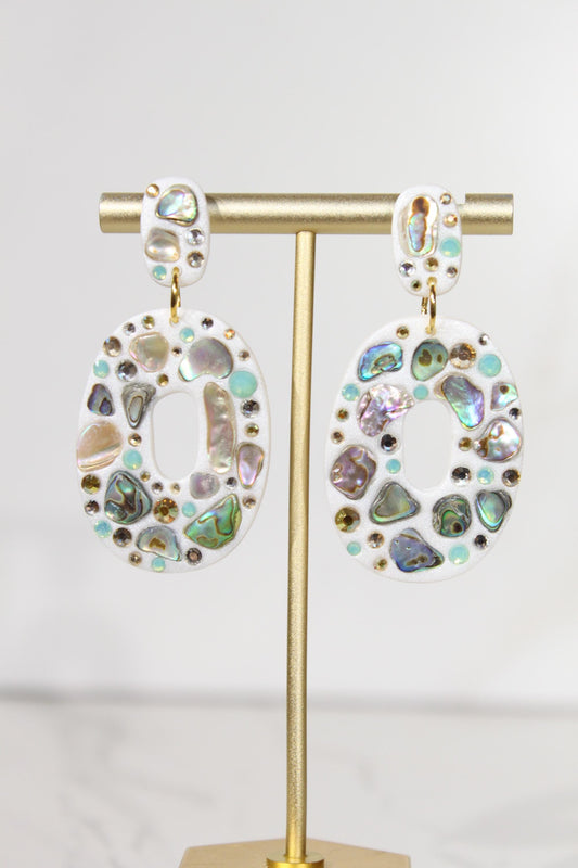 Abalone Shell Statement Earrings, Iridescent Rhinestone Dangles, Pearl White Handmade Jewelry