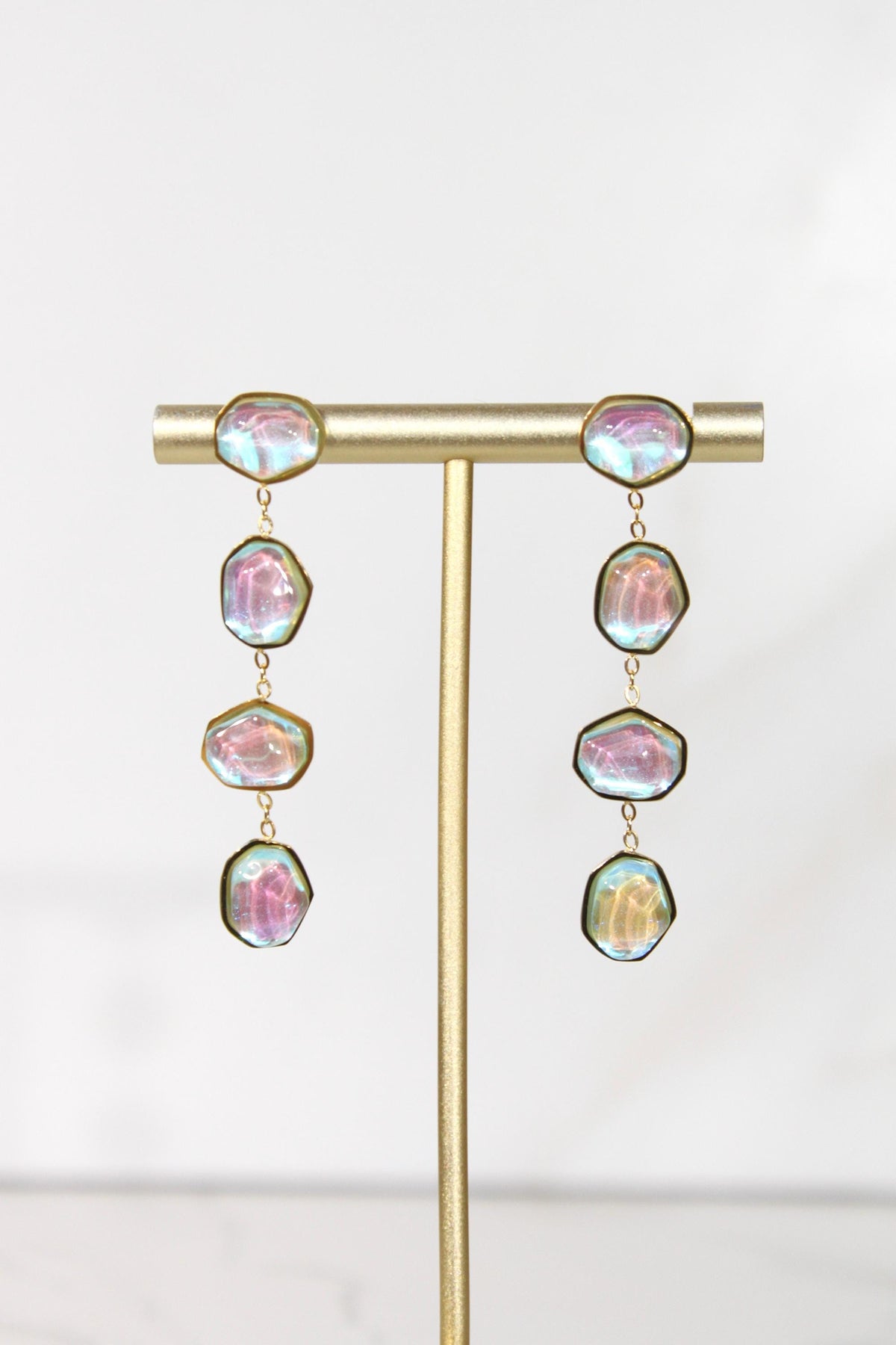 Iridescent Crystal Drop Earrings, Aurora Statement Dangles, Gold Tone Colorful Jewelry