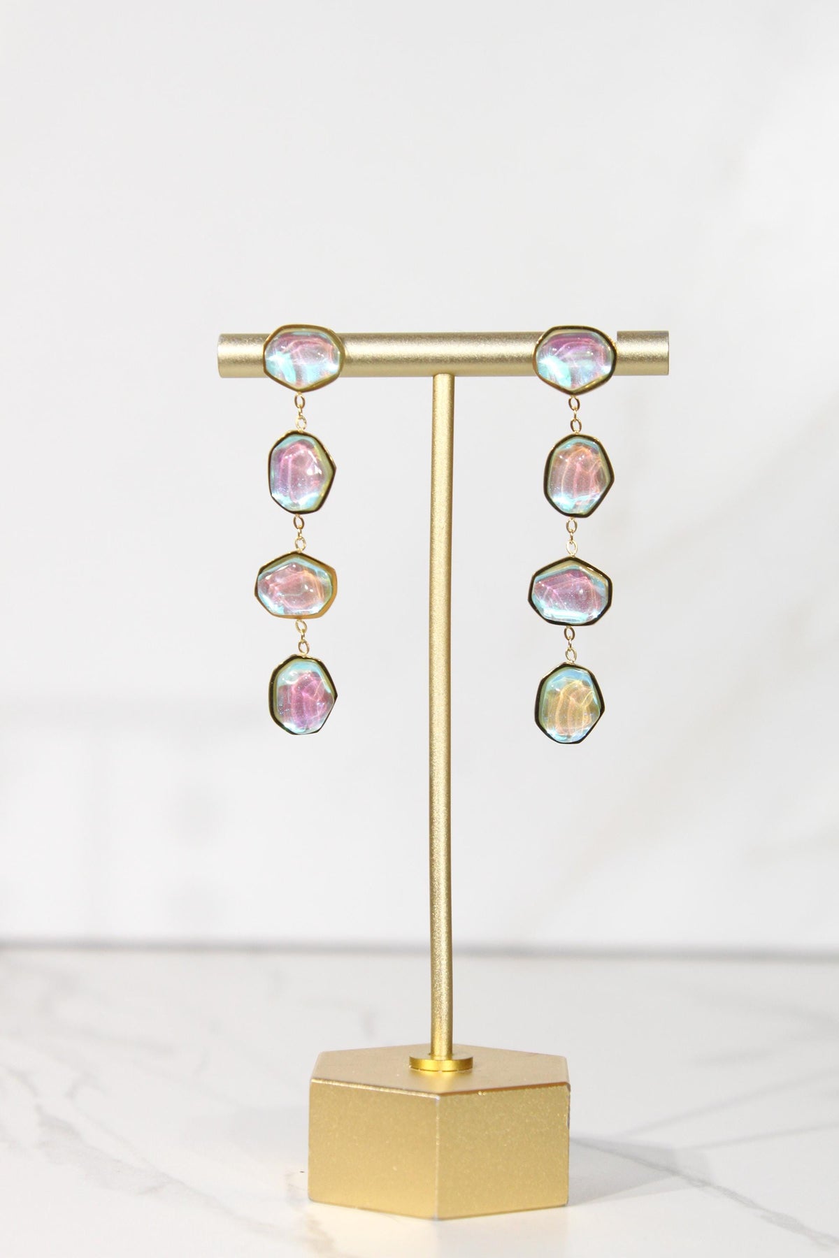 Iridescent Crystal Drop Earrings, Aurora Statement Dangles, Gold Tone Colorful Jewelry