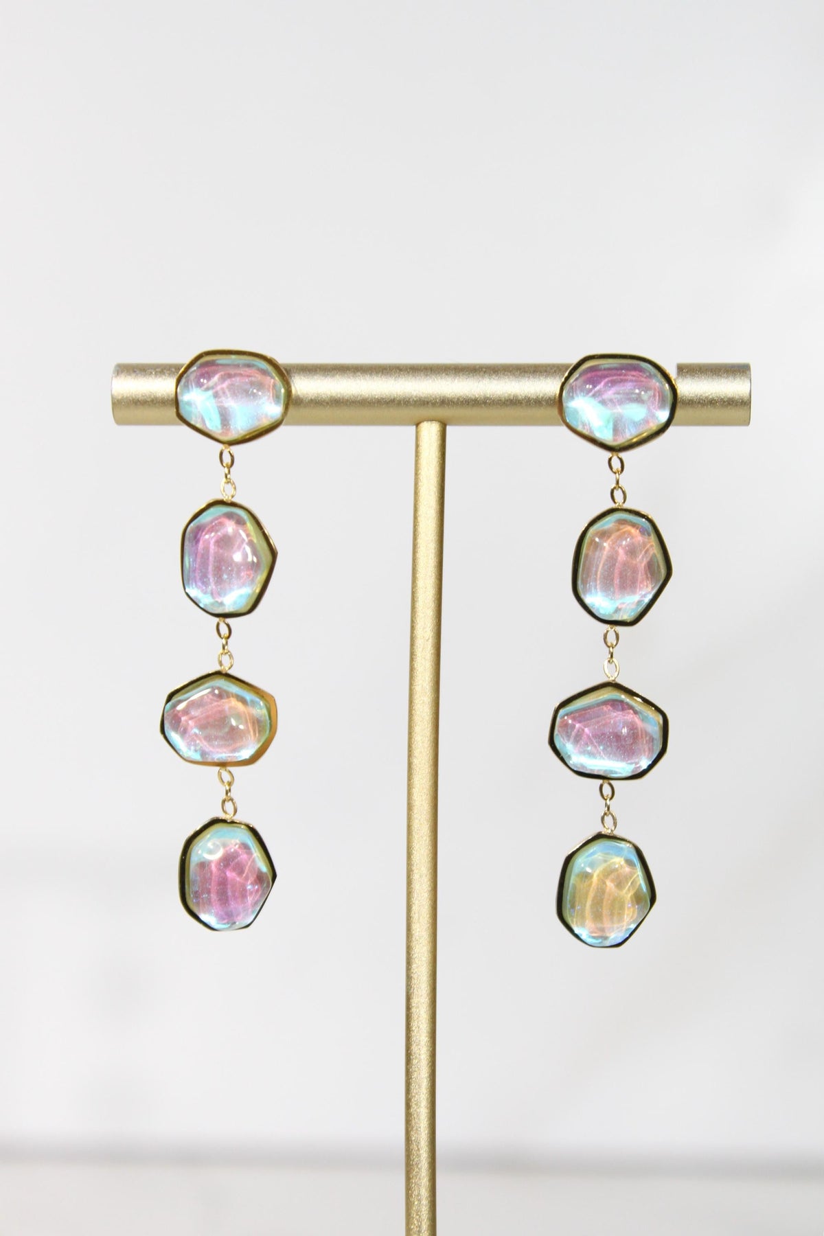 Iridescent Crystal Drop Earrings, Aurora Statement Dangles, Gold Tone Colorful Jewelry