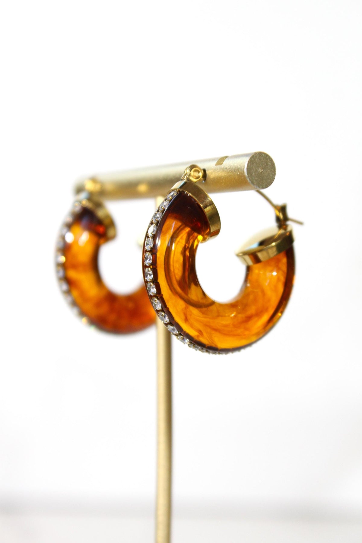 Tortoise Rhinestone Hoop Earrings, Chunky Amber Statement Hoops, Gold Sparkle Jewelry