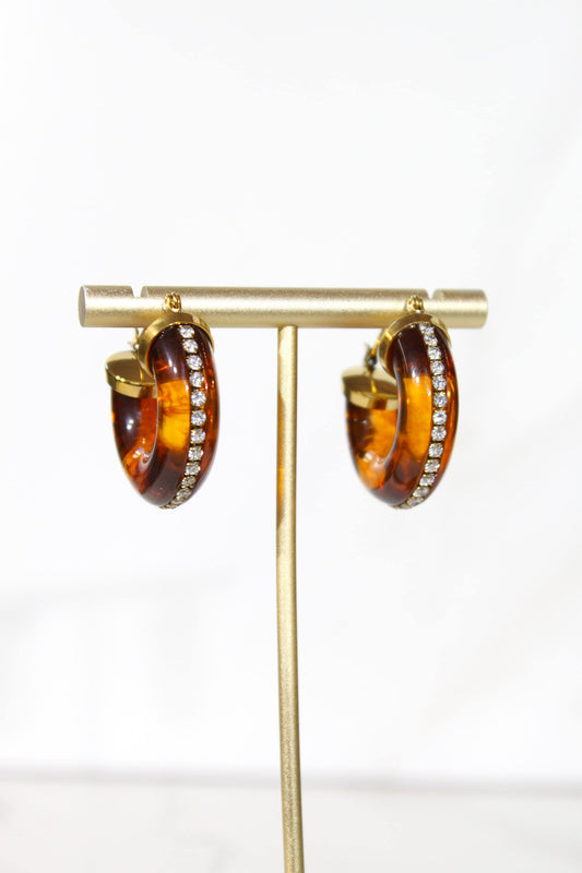 Tortoise Rhinestone Hoop Earrings, Chunky Amber Statement Hoops, Gold Sparkle Jewelry