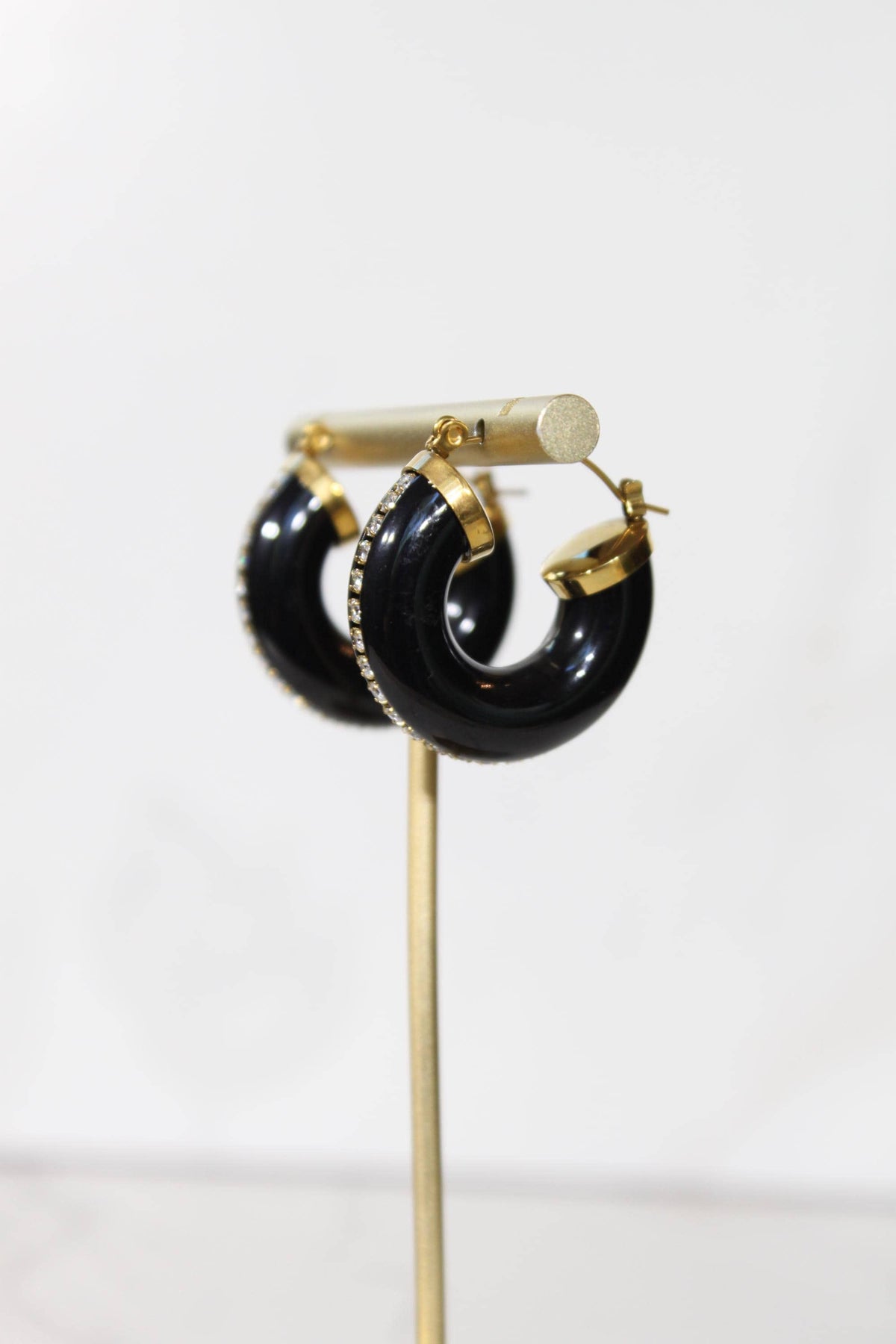 Black Rhinestone Hoop Earrings, Chunky Statement Hoops, Gold Sparkle Jewelry