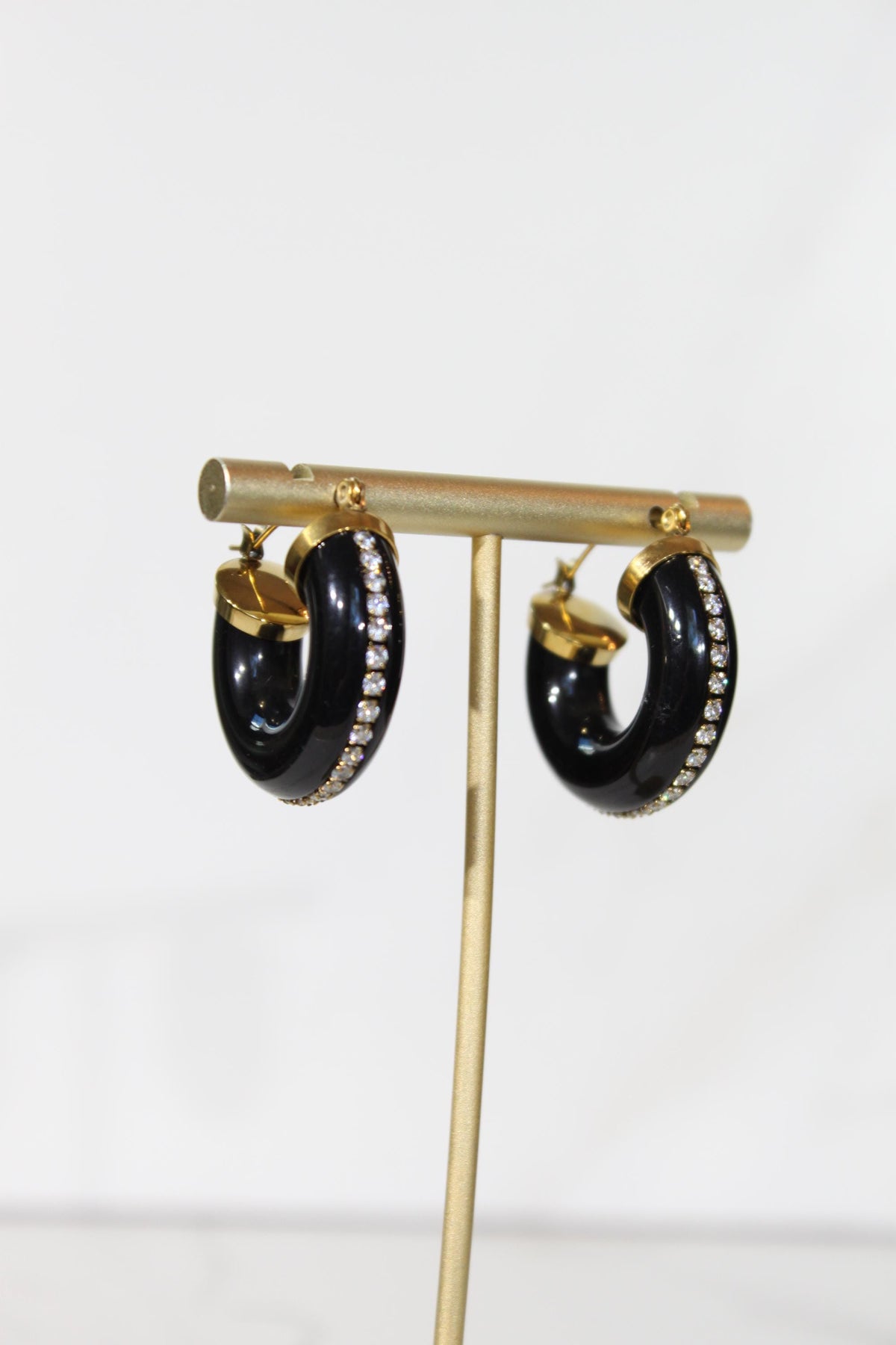 Black Rhinestone Hoop Earrings, Chunky Statement Hoops, Gold Sparkle Jewelry
