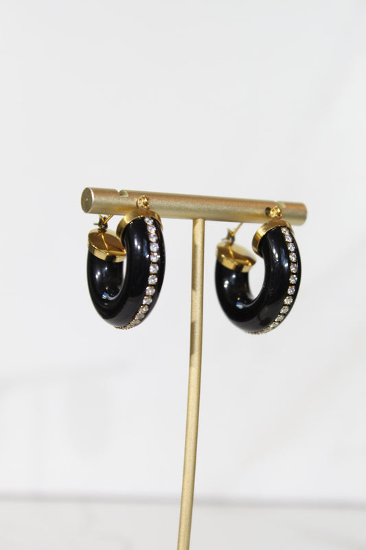 Black Rhinestone Hoop Earrings, Chunky Statement Hoops, Gold Sparkle Jewelry