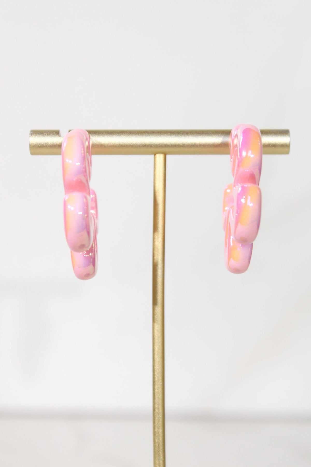 Iridescent Pink Wavy Flower Hoop Earrings | High-Gloss Shimmer Flower Hoops | Pastel Statement Jewelry | Modern Coastal Dangles