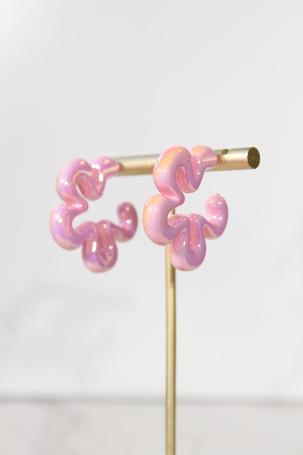 Iridescent Pink Wavy Flower Hoop Earrings | High-Gloss Shimmer Flower Hoops | Pastel Statement Jewelry | Modern Coastal Dangles