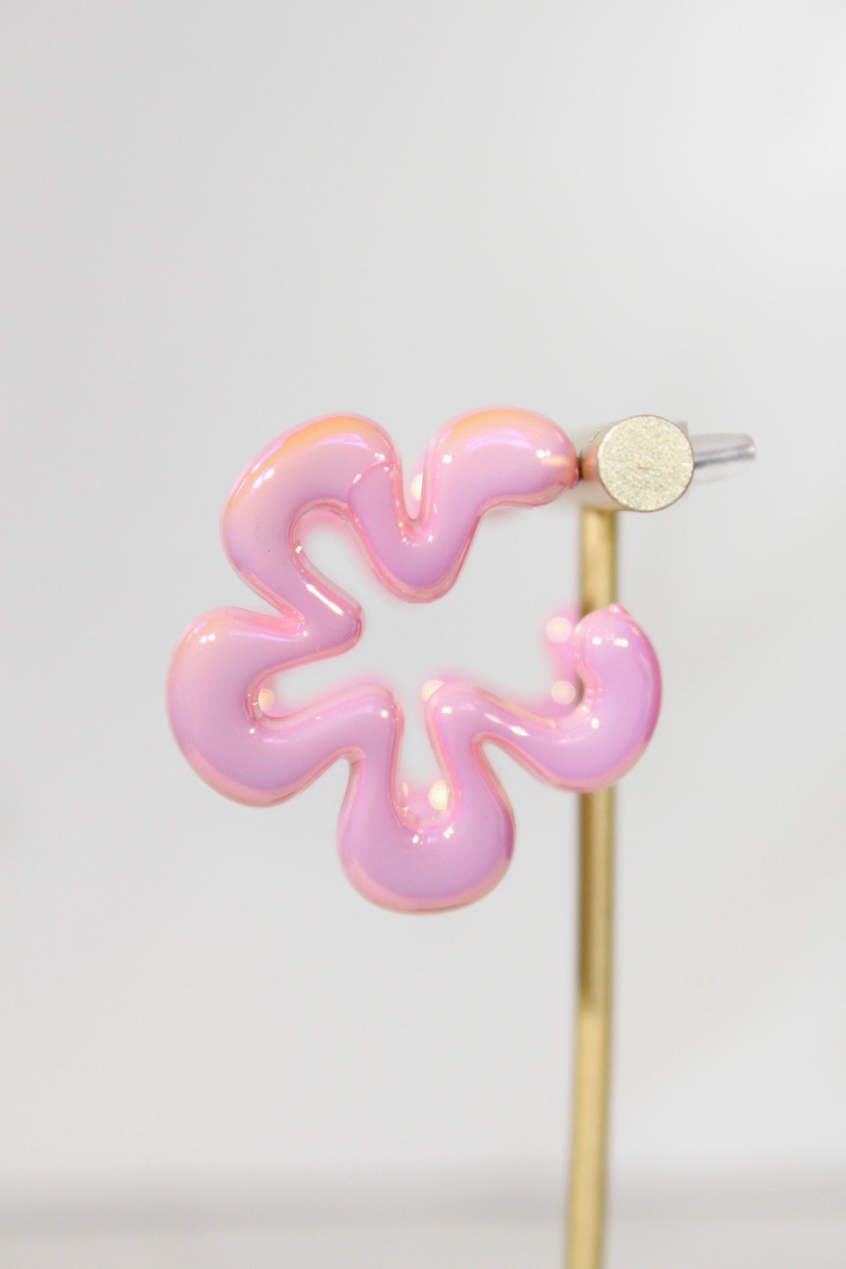 Iridescent Pink Wavy Flower Hoop Earrings | High-Gloss Shimmer Flower Hoops | Pastel Statement Jewelry | Modern Coastal Dangles