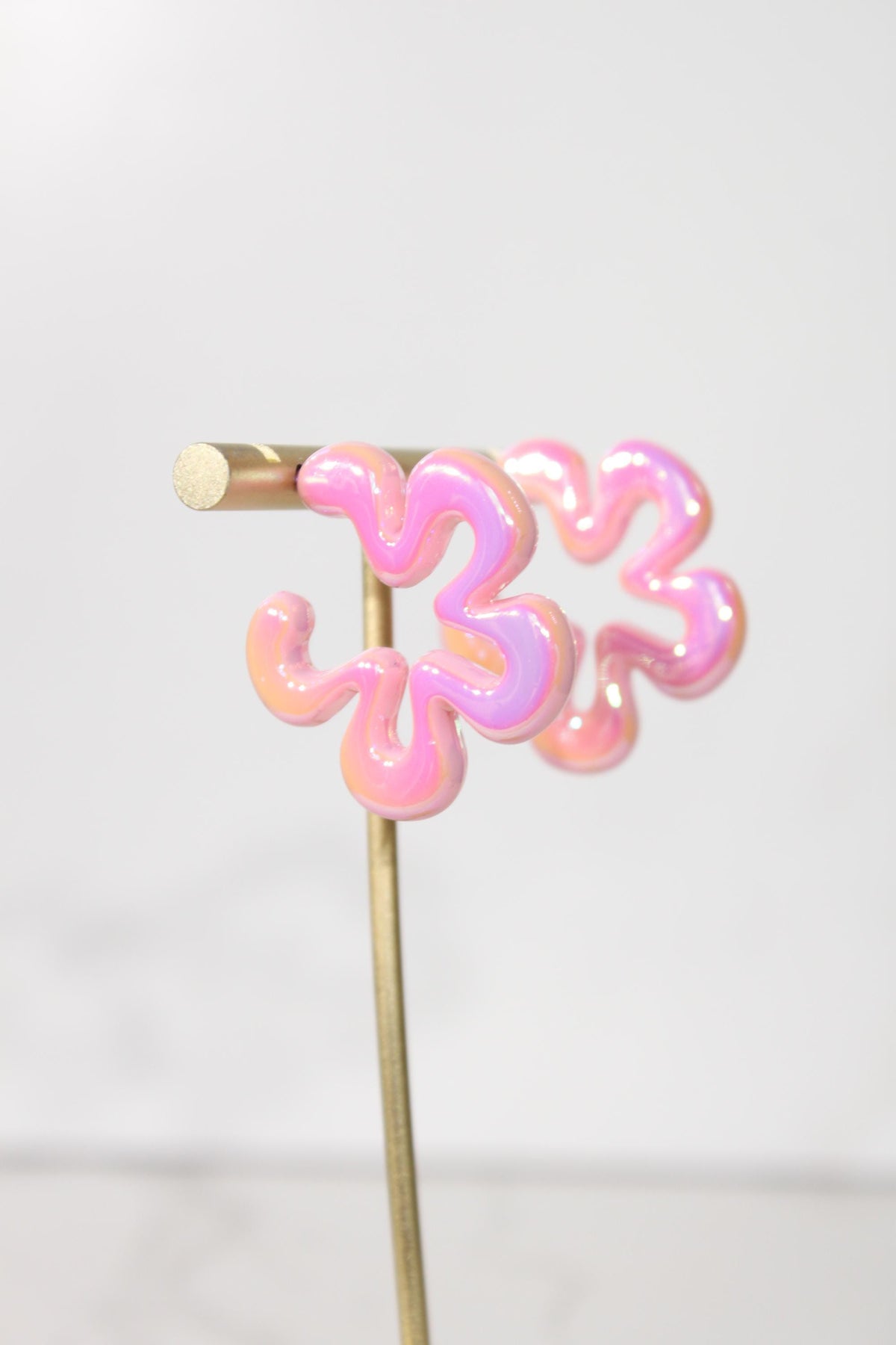 Iridescent Pink Wavy Flower Hoop Earrings | High-Gloss Shimmer Flower Hoops | Pastel Statement Jewelry | Modern Coastal Dangles