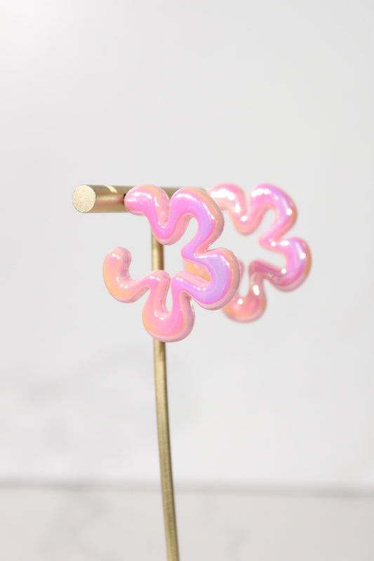 Iridescent Pink Wavy Flower Hoop Earrings | High-Gloss Shimmer Flower Hoops | Pastel Statement Jewelry | Modern Coastal Dangles