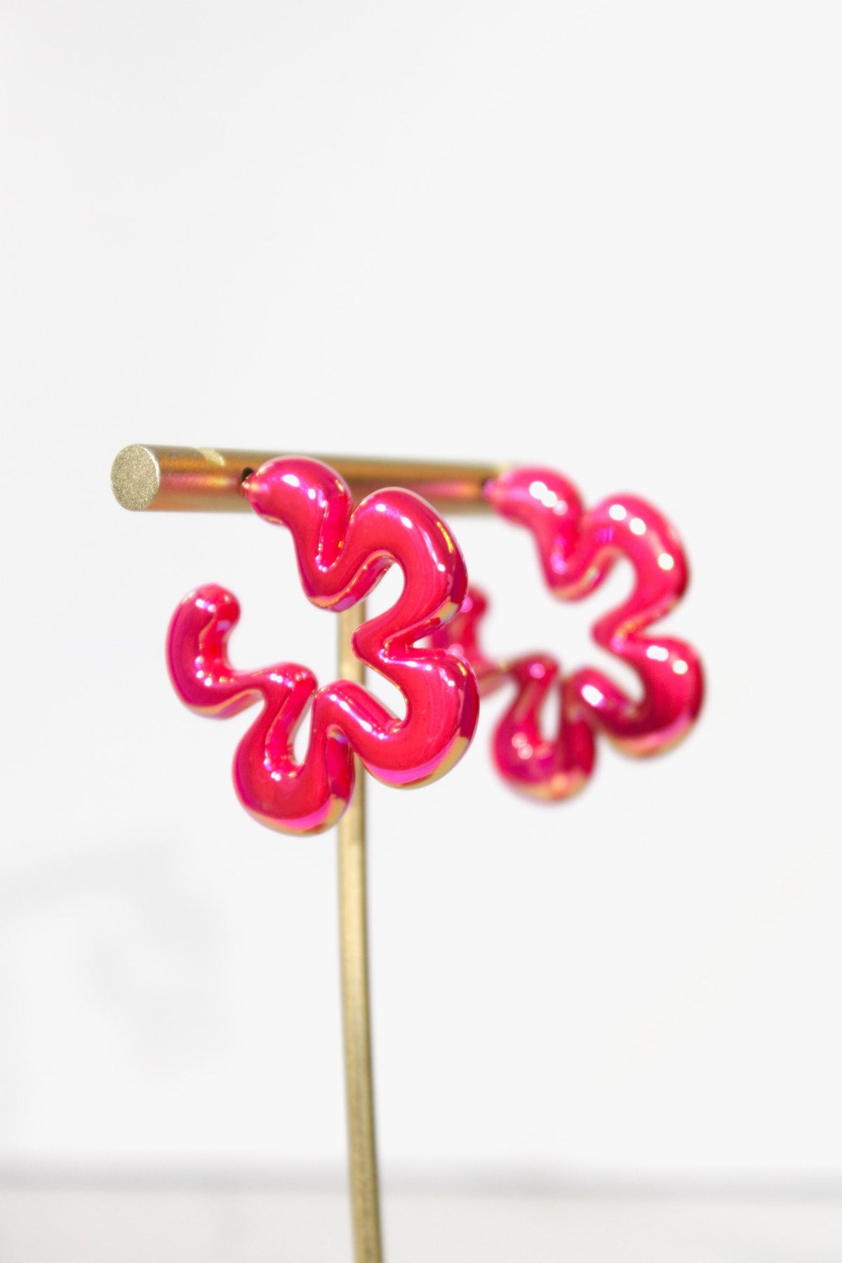 Iridescent Hot Pink Wavy Flower Hoop Earrings | High-Gloss Shimmer Flower Hoops | Pastel Statement Jewelry