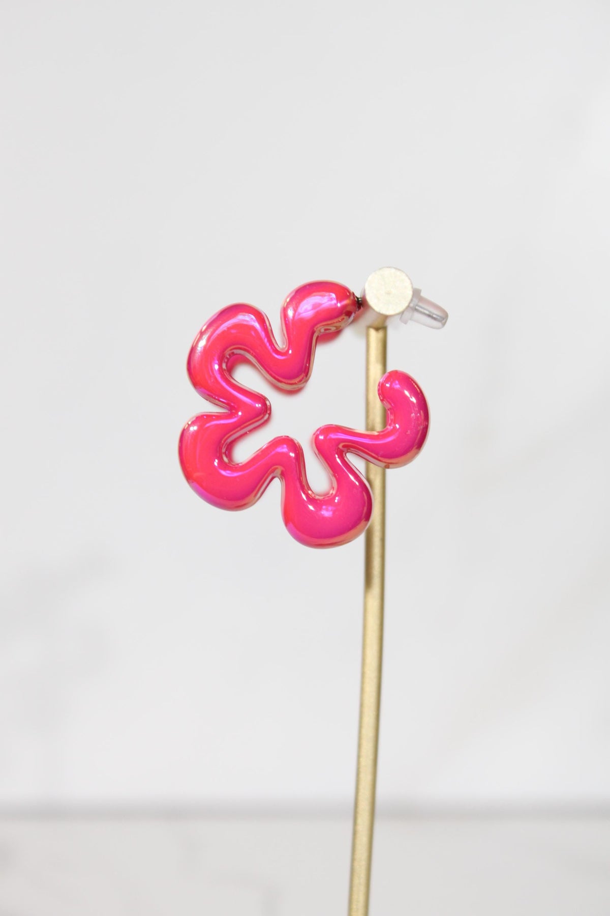 Iridescent Hot Pink Wavy Flower Hoop Earrings | High-Gloss Shimmer Flower Hoops | Pastel Statement Jewelry