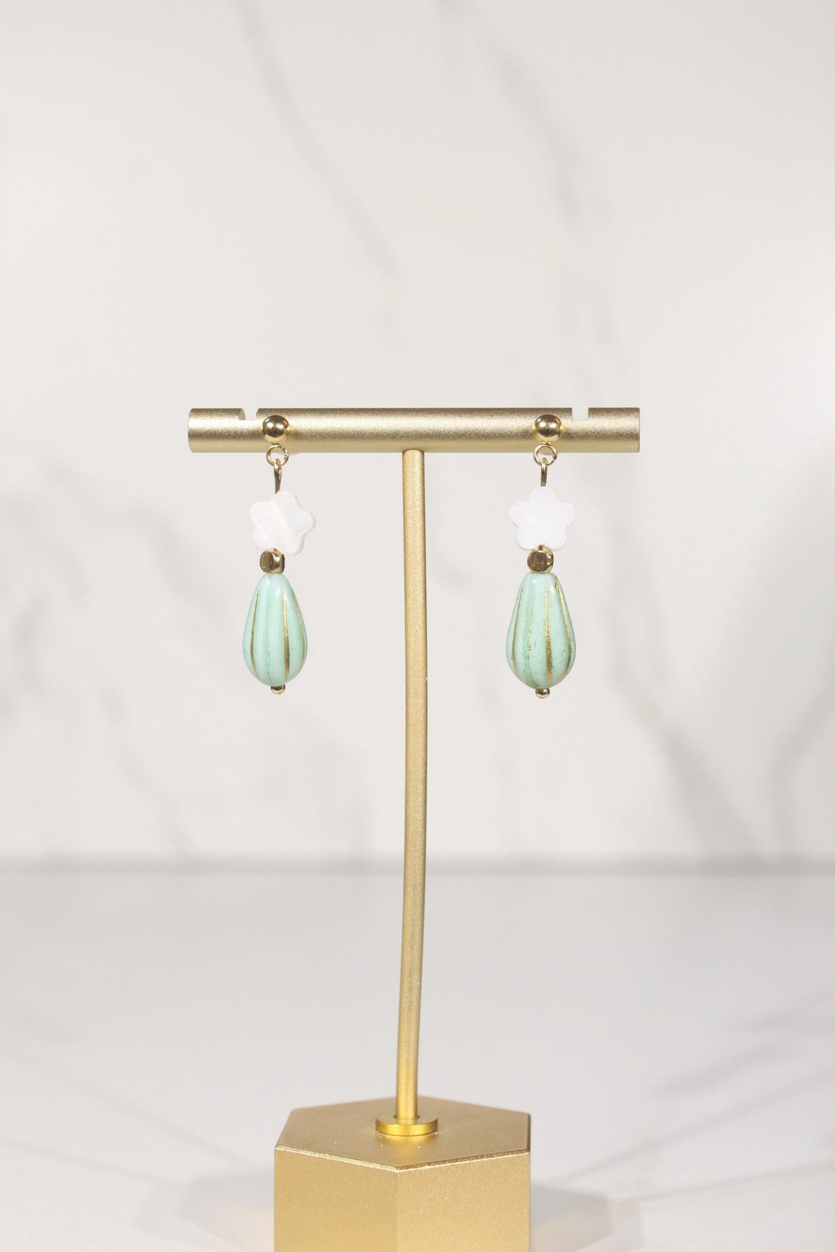 Mint Green Beaded Earrings, White Flower Dangle Earrings, Gold Drop Earrings, Dainty Colorful Earrings, Vintage Inspired Jewelry