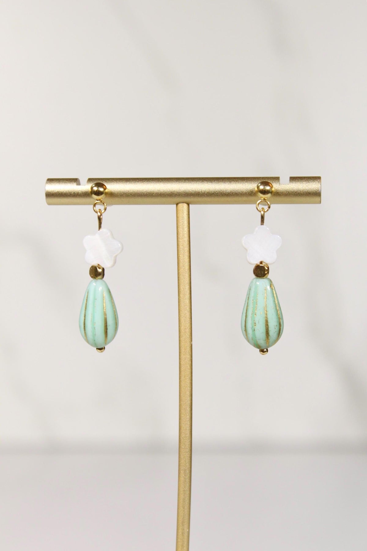 Mint Green Beaded Earrings, White Flower Dangle Earrings, Gold Drop Earrings, Dainty Colorful Earrings, Vintage Inspired Jewelry