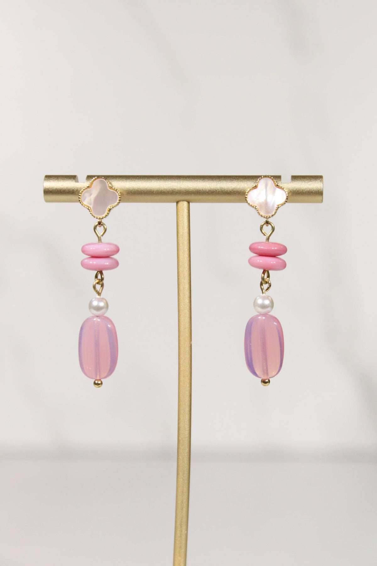 Pink Beaded Earrings, Pearl Dangle Earrings, Pink Statement Earrings, Gold Drop Earrings, Mother of Pearl Inspired Jewelry