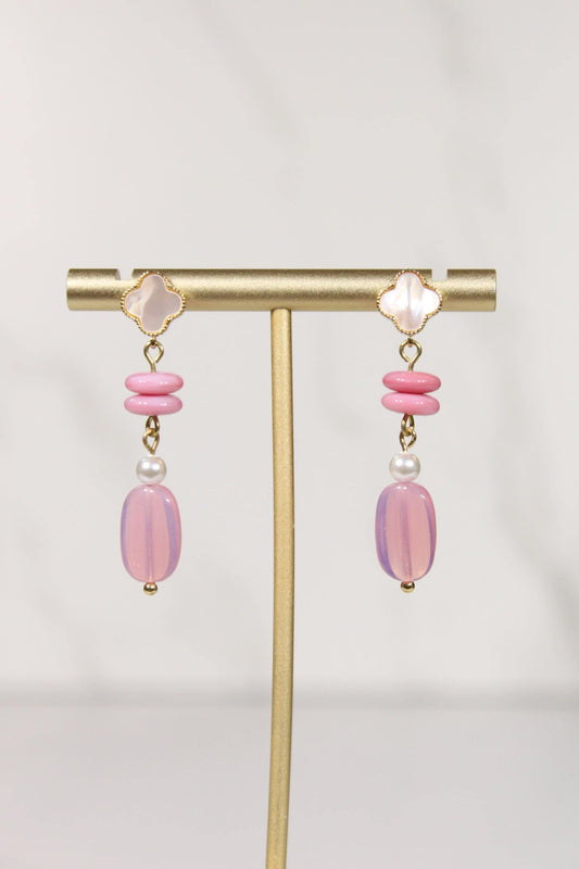 Pink Beaded Earrings, Pearl Dangle Earrings, Pink Statement Earrings, Gold Drop Earrings, Mother of Pearl Inspired Jewelry