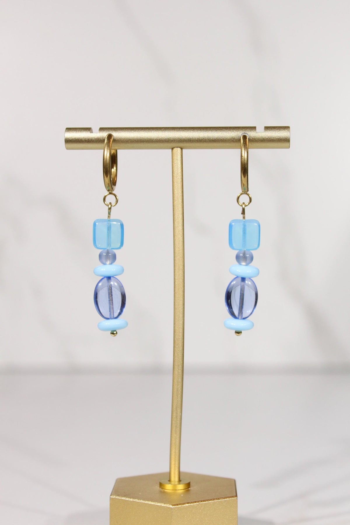 Blue Beaded Hoop Earrings, Colorful Blue Dangle Earrings, Gold Hoop Earrings, Glass Bead Earrings, Blue Statement Jewelry
