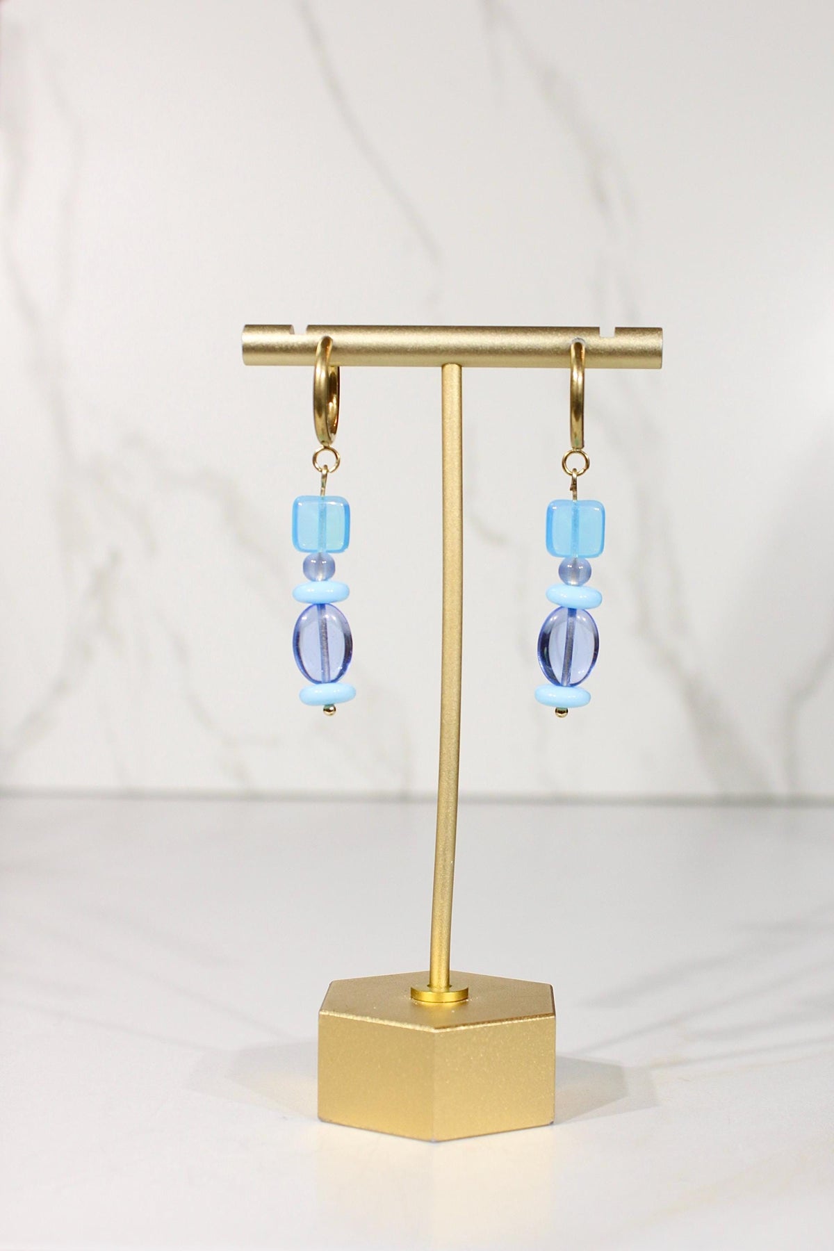 Blue Beaded Hoop Earrings, Colorful Blue Dangle Earrings, Gold Hoop Earrings, Glass Bead Earrings, Blue Statement Jewelry