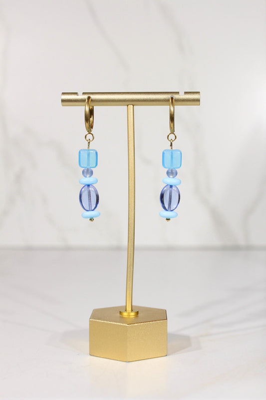 Blue Beaded Hoop Earrings, Colorful Blue Dangle Earrings, Gold Hoop Earrings, Glass Bead Earrings, Blue Statement Jewelry