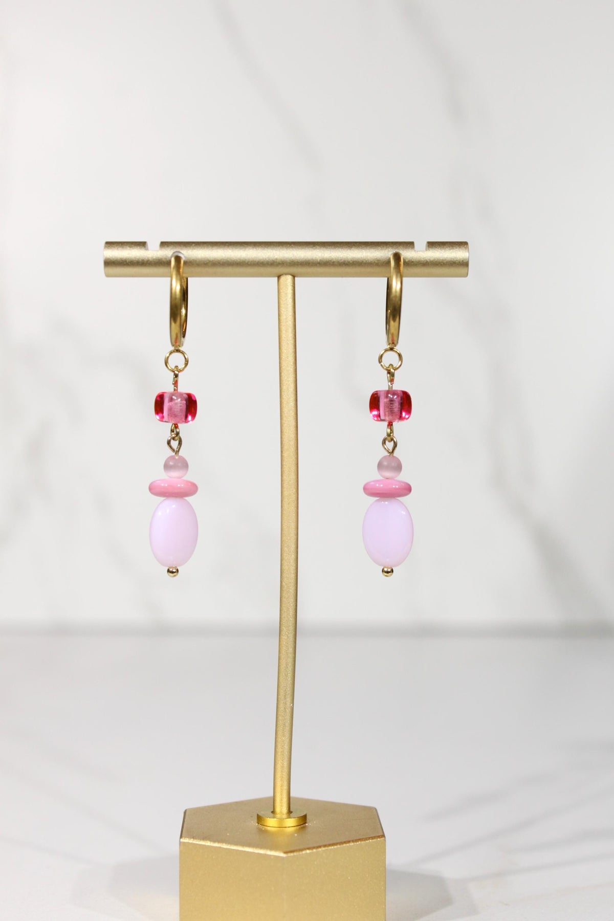 Pink Beaded Hoop Earrings, Pink Dangle Earrings, Gold Hoop Earrings, Colorful Beaded Earrings, Pink Statement Jewelry