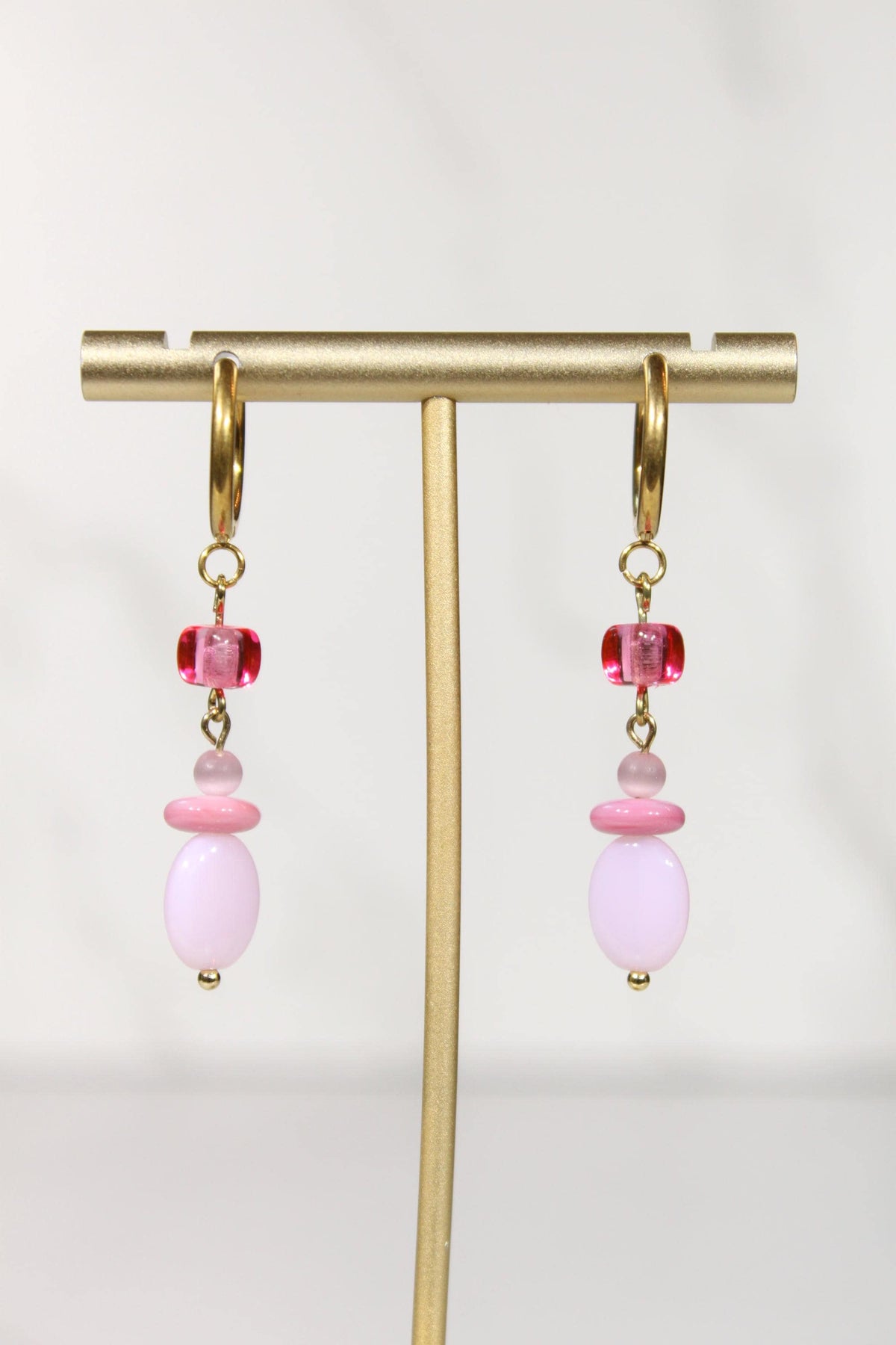 Pink Beaded Hoop Earrings, Pink Dangle Earrings, Gold Hoop Earrings, Colorful Beaded Earrings, Pink Statement Jewelry
