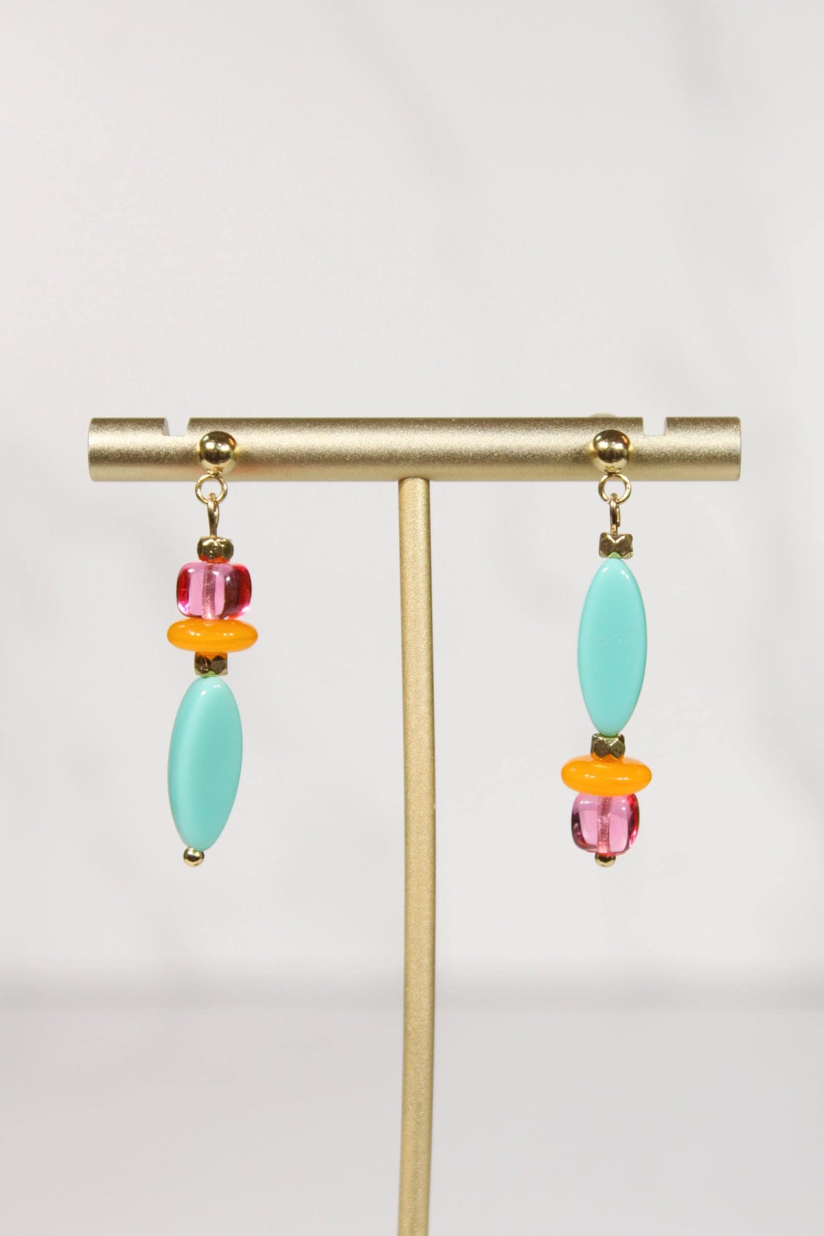 Mismatched Beaded Earrings, Colorful Dangle Earrings, Aqua Pink Orange Earrings, Gold Drop Earrings, Eclectic Statement Jewelry