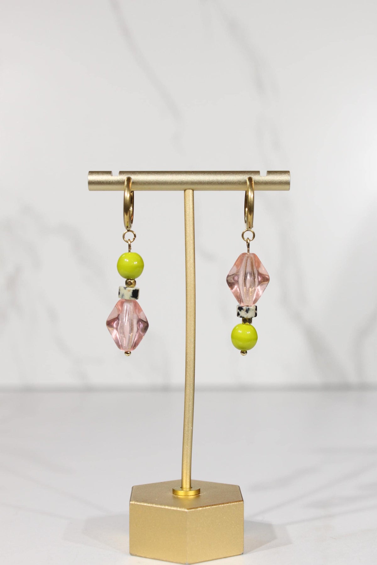 Mismatched Beaded Earrings, Pink and Green Earrings, Colorful Dangle Earrings, Gold Hoop Earrings, Eclectic Statement Jewelry