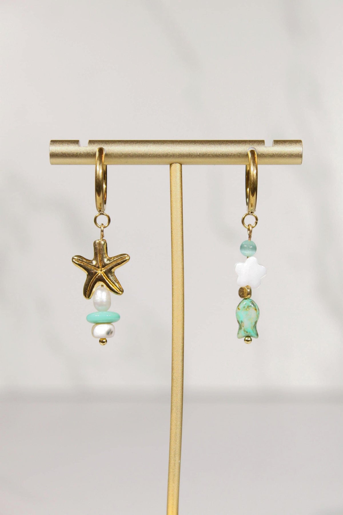 Mismatched Coastal Earrings, Starfish and Fish Earrings, Beaded Dangle Earrings, Gold Hoop Earrings, Beach Inspired Jewelry