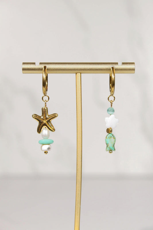 Mismatched Coastal Earrings, Starfish and Fish Earrings, Beaded Dangle Earrings, Gold Hoop Earrings, Beach Inspired Jewelry