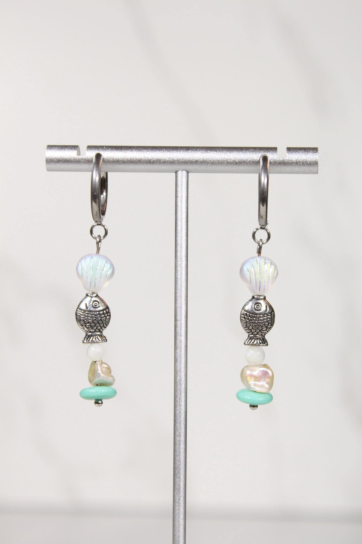 Silver Fish Earrings, Coastal Beaded Earrings, Seashell Dangle Earrings, Silver Hoop Earrings, Ocean Inspired Jewelry