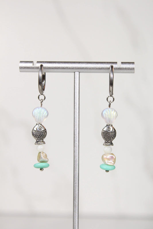 Silver Fish Earrings, Coastal Beaded Earrings, Seashell Dangle Earrings, Silver Hoop Earrings, Ocean Inspired Jewelry
