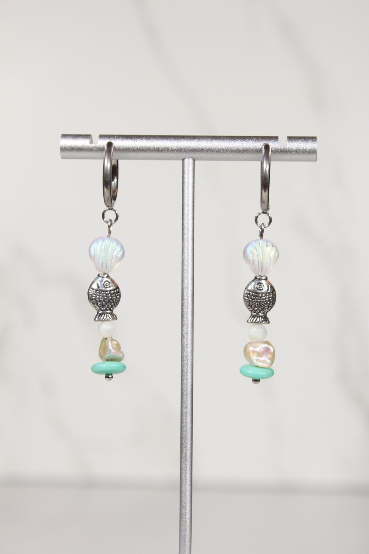 Silver Fish Earrings, Coastal Beaded Earrings, Seashell Dangle Earrings, Silver Hoop Earrings, Ocean Inspired Jewelry