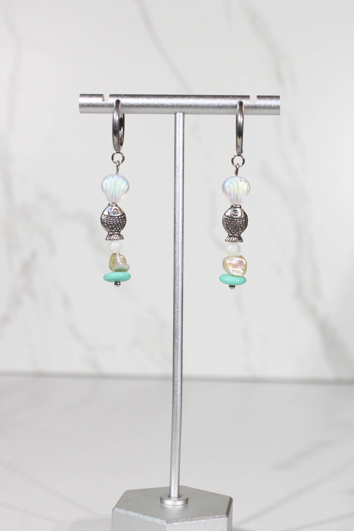 Silver Fish Earrings, Coastal Beaded Earrings, Seashell Dangle Earrings, Silver Hoop Earrings, Ocean Inspired Jewelry