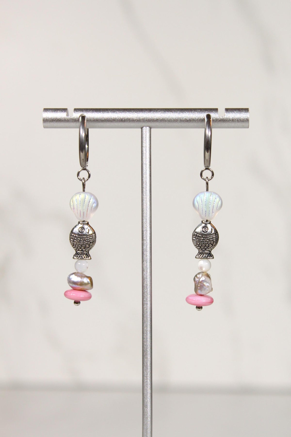 Silver Fish Earrings, Pink Coastal Earrings, Seashell Dangle Earrings, Beaded Silver Hoop Earrings, Ocean Inspired Jewelry