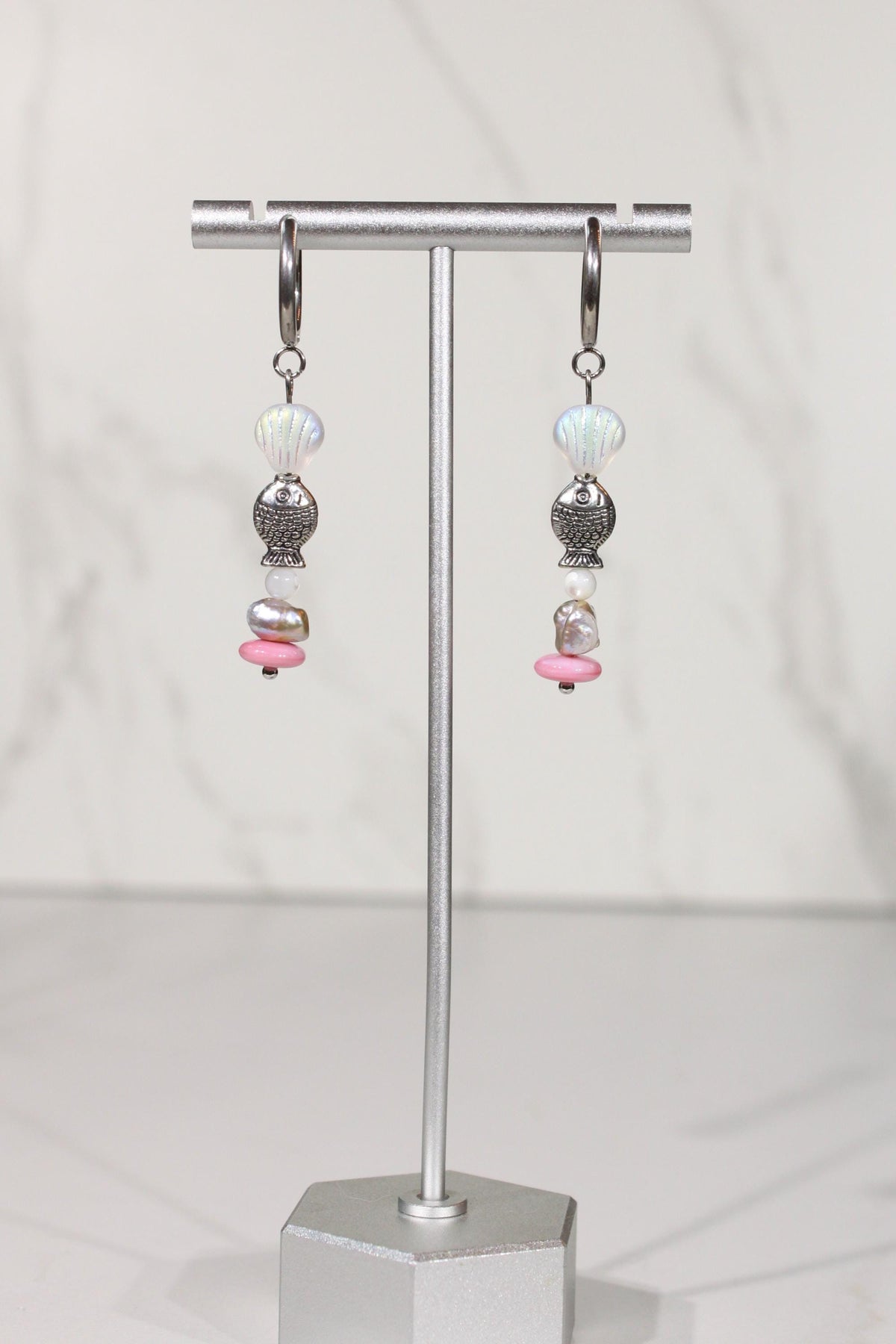 Silver Fish Earrings, Pink Coastal Earrings, Seashell Dangle Earrings, Beaded Silver Hoop Earrings, Ocean Inspired Jewelry