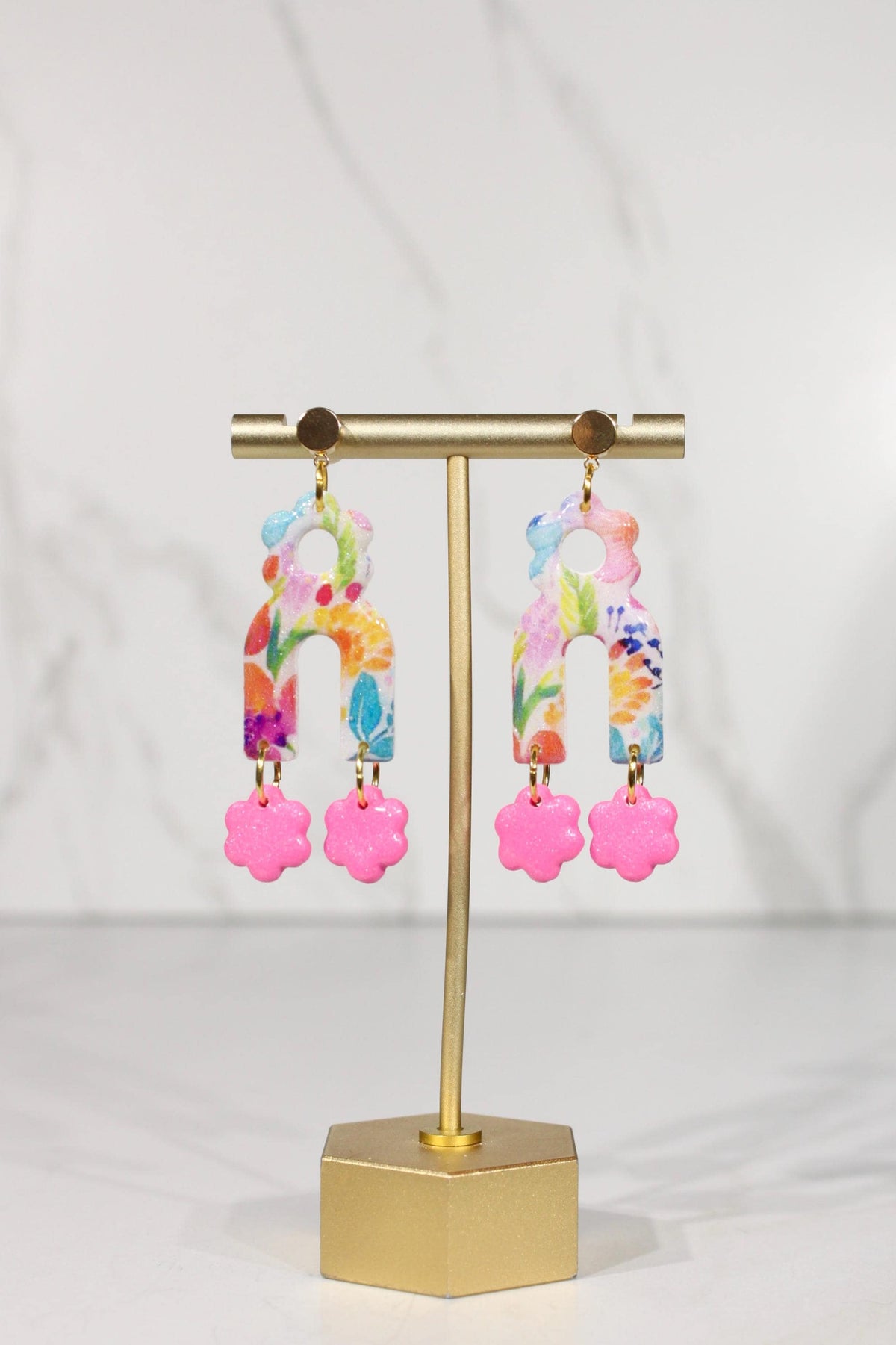 Colorful Floral Statement Earrings, Polymer Clay Earrings, Bright Flower Dangle Earrings, Pink Orange Blue Earrings, Handmade Jewelry