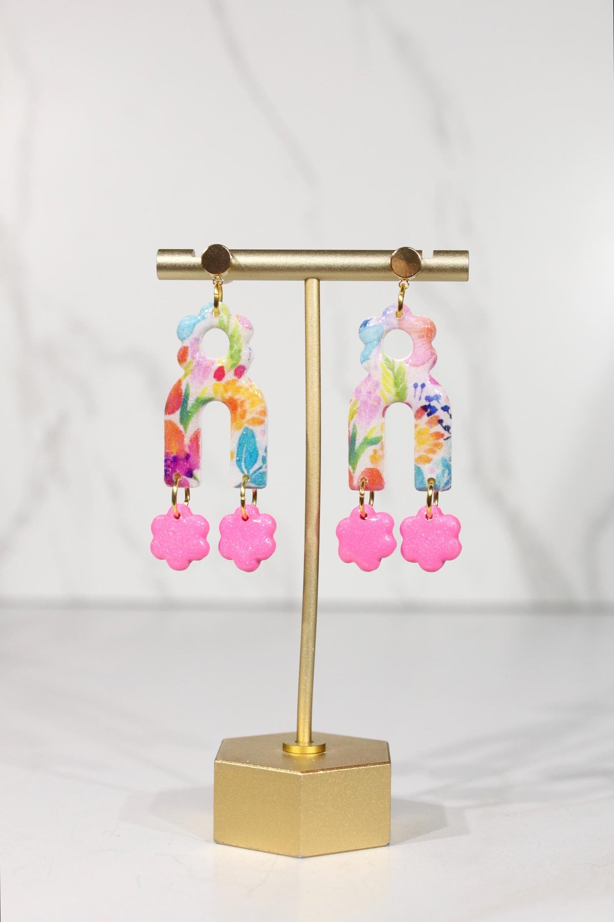 Colorful Floral Statement Earrings, Polymer Clay Earrings, Bright Flower Dangle Earrings, Pink Orange Blue Earrings, Handmade Jewelry